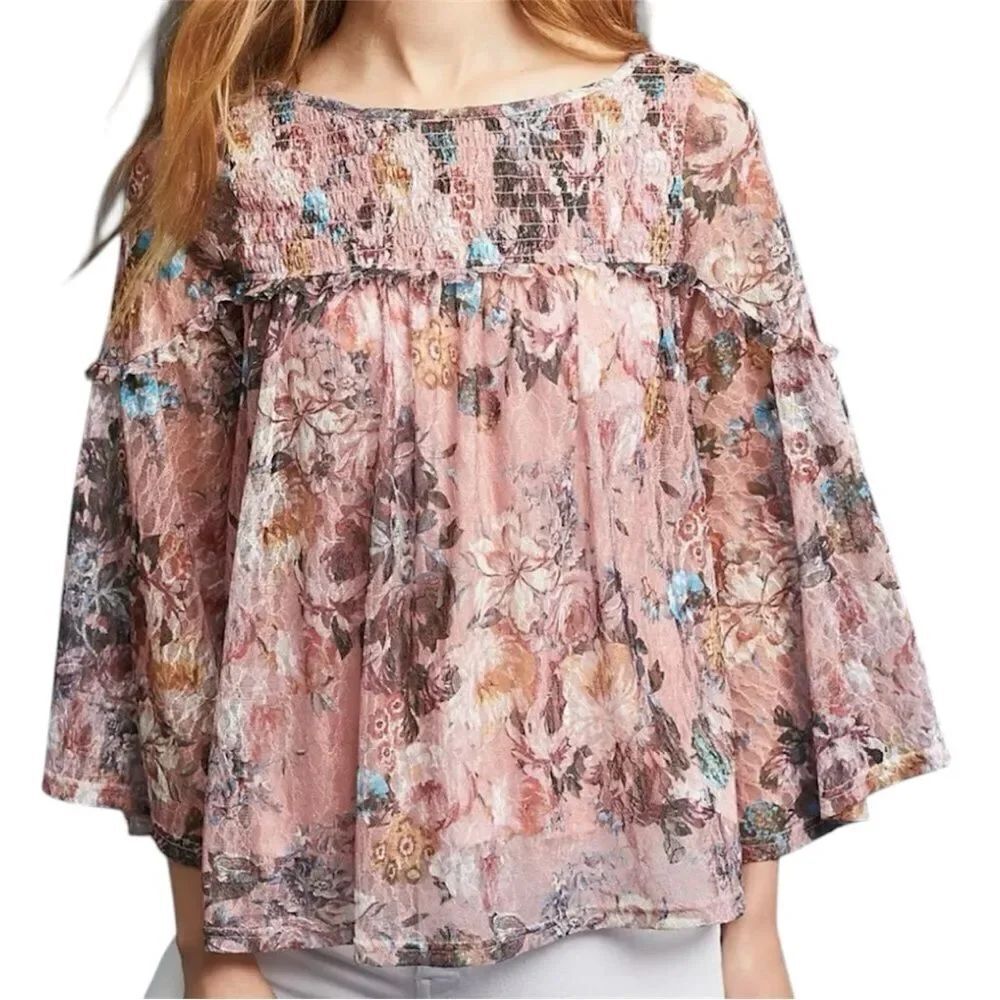Anthropologie Akemi + Kin Patrizia Floral Lace Blouse Pink Medium Bell Sleeves